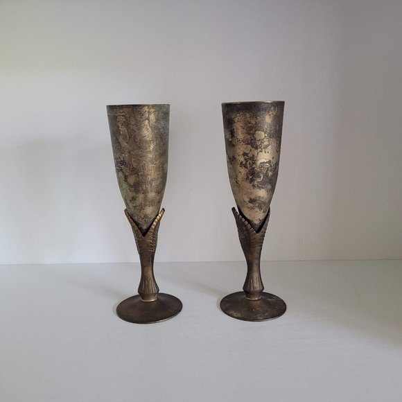 Vintage Heavy Plated Silver Egyptian Revival Bird Toasting Goblets - set of two - Picture 6 of 12